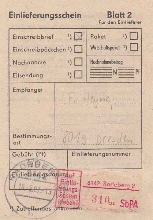 zugehöriger Einlieferungsschein