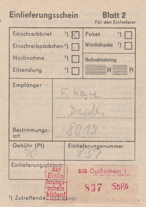 zugehöriger Einlieferungsschein