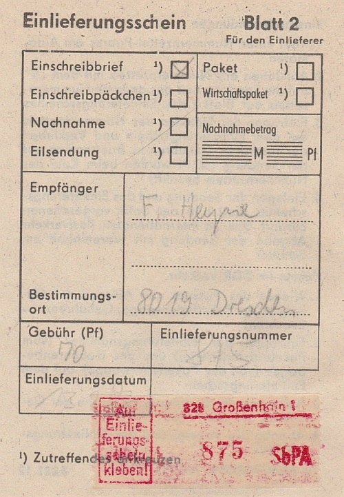 zugehöriger Einlieferungsschein