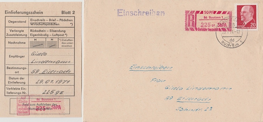 Einschreibbrief vom 29.1.71 mit EM 86-1 gz B II