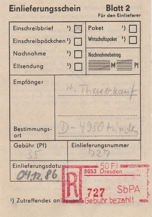 zugehöriger Einlieferungsschein