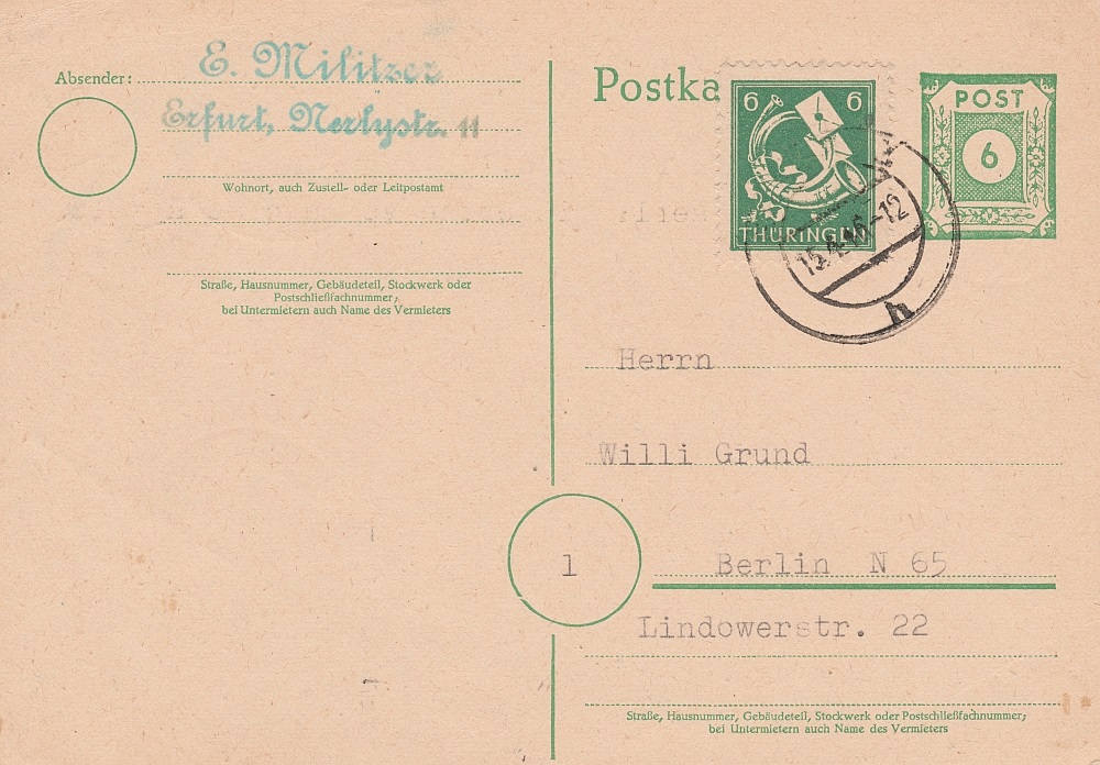 Fernkarte mit Zusatzfrankatur Fernkarte vom 14.4.46 mit Zusatzfrankatur, gelaufen von Erfurt nach Berlin