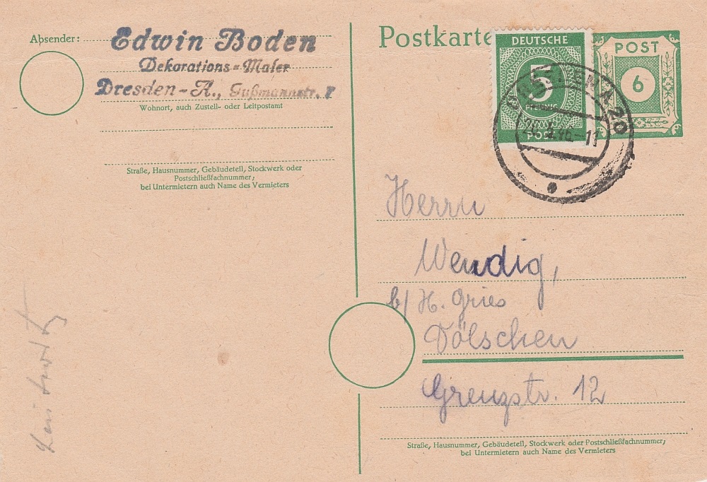 Ortskarte vom 26.5.46 mit Zusatzfrankatur, gelaufen in Dresden Ortskarte vom 26.5.46 mit Zusatzfrankatur, gelaufen in Dresden